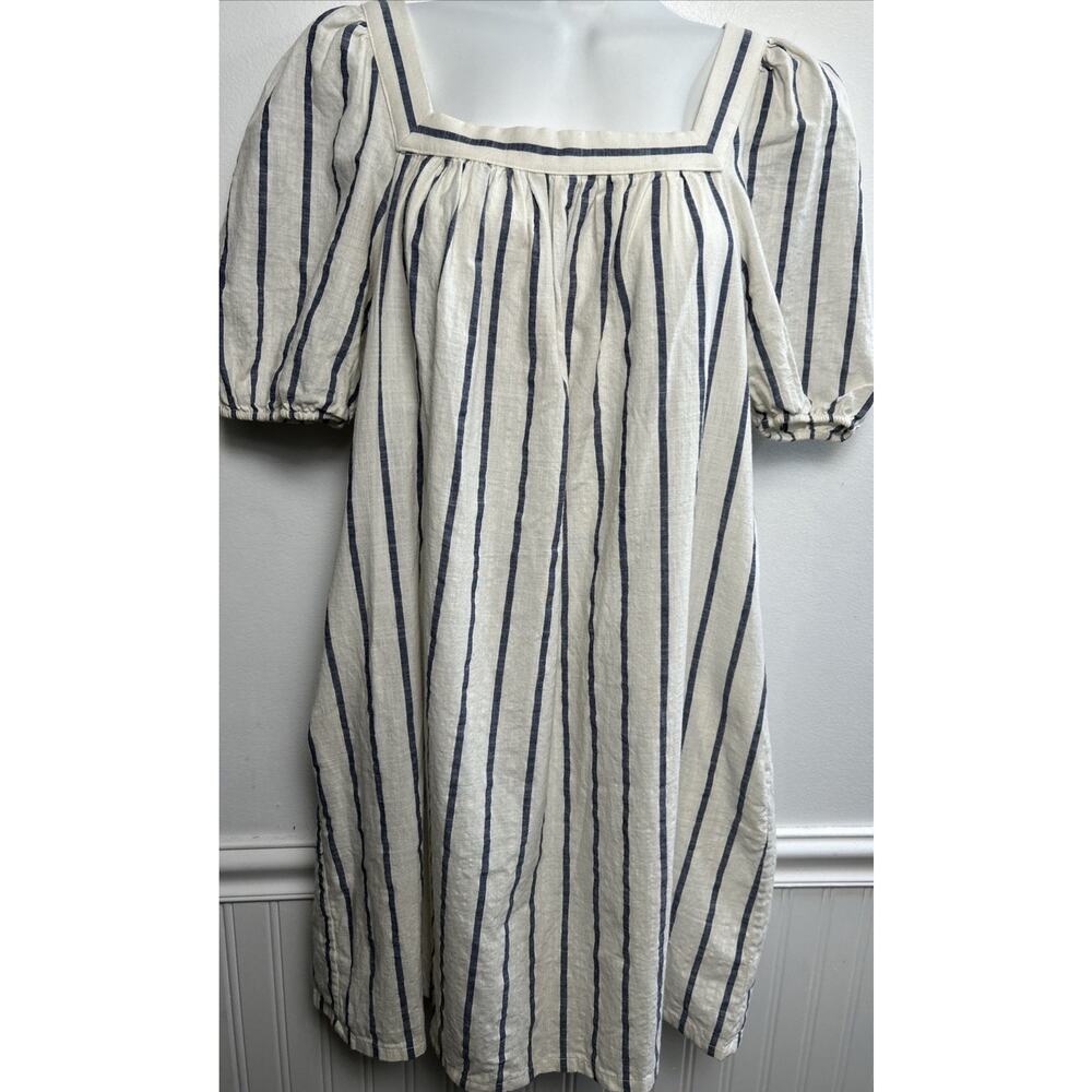 Faherty Mini Dress S Popover S/S Ivory - Blue Stripes Pockets Square Neck Cotton